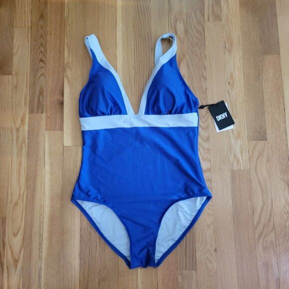 DKNY Plunging Colorblocked One-Piece Swimsuit Blue Size 16 - Picture 7 of 14